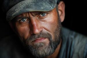 Miner with intense gaze and rugged features working in underground environment photo