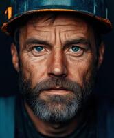 Miner with intense gaze and rugged features in safety helmet photo