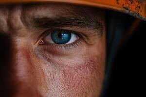 Close-up of a miner's eye highlighting determination and hard work photo