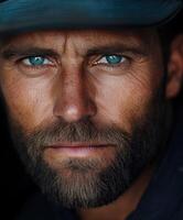Miner with striking blue eyes focused on work in the underground tunnel photo