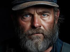 Miner with intense gaze and rugged features in dark workshop environment photo