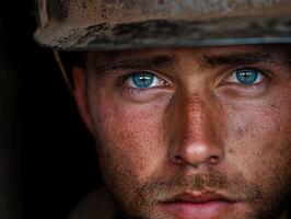 Miner with striking blue eyes showing determination and grit at work site photo