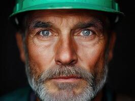 Miner with intense gaze in green helmet showcasing hard work and dedication photo