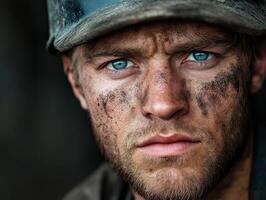 Miner with striking blue eyes and dirt-covered face captures hard work essence photo