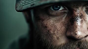 Miner displaying intense focus with dust and dirt on his face in close-up photo