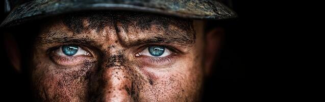Miner with striking blue eyes and dirt-covered face after a long day of work photo