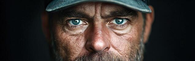 Miner with striking blue eyes and rugged features in close-up portrait photo