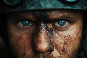 Miner with intense gaze and dirt-streaked face in rugged environment photo