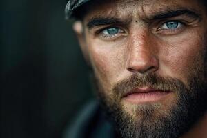 Miner with striking blue eyes and rugged features during a workday photo
