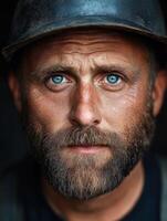 Miner with striking blue eyes wearing a helmet and showing resilience photo