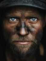 Miner with striking blue eyes and coal-covered face at work underground photo