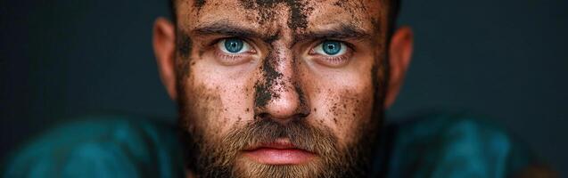 Miner covered in dirt gazes intensely with striking blue eyes photo