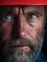 Miner displays determination with piercing gaze and rugged appearance photo