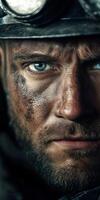 Close-up of a miner's face, showcasing mud and grime from hard work photo