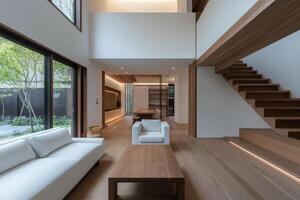 Modern minimalist living space with natural light and wooden accents photo