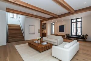 Modern living room with wooden beams and minimalistic design in a spacious home photo