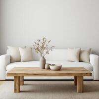 Minimalist living room with white sofa and wooden coffee table in bright space photo
