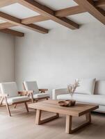 Minimalist living room with wooden beams and natural decor elements photo