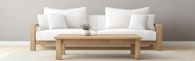 Modern living room with white sofa and wooden coffee table photo
