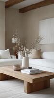 Elegant modern living room with neutral decor and natural elements photo