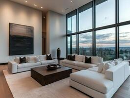 Modern living room design with panoramic view at sunset photo