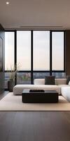 Modern living room with panoramic city view at sunset photo