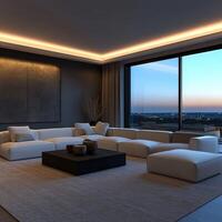 Modern living room with panoramic city views during twilight photo