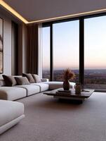 Modern living room with city view at dusk and elegant decor elements photo