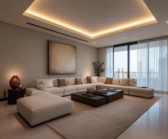 Modern living room design with large sectional sofa and city view photo