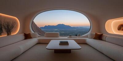 Modern living room with panoramic view of mountains at sunset photo
