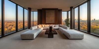 Modern living room with panoramic views of a colorful autumn landscape photo