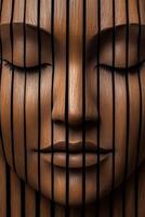Carved wooden face with vertical slats creating intricate design photo