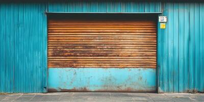 Vibrant blue wall with rusty roll-up door in urban setting photo