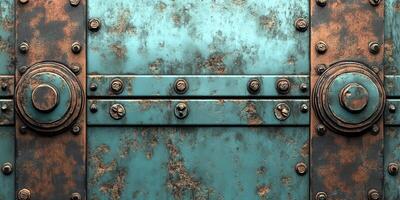 Rusty metallic surface with bold circular rivets in industrial style photo