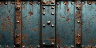 Rusty blue metal surface with rivets showing signs of weathering over time photo