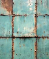 Rusty turquoise metal panels with rivets showcasing aged texture photo