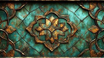 Decorative turquoise wall panel with intricate gold floral design photo