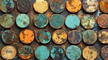 Unique texture of a colorful urban wall art made of circular metal pieces photo