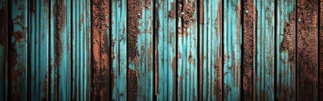 Weathered wooden planks with turquoise and rusty orange hues create texture photo
