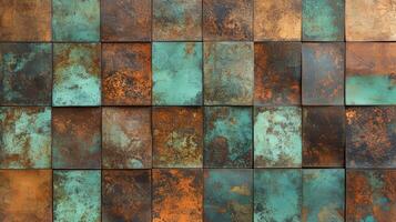 Textured tiles in a mosaic pattern featuring shades of brown and teal photo