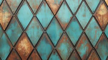 Unique turquoise and rust pattern on diamond-shaped metal panels photo