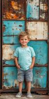 Young boy smiles joyfully in front of colorful rusty door in summer photo