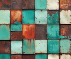 Colorful textured wall featuring rust and teal paint in urban setting photo