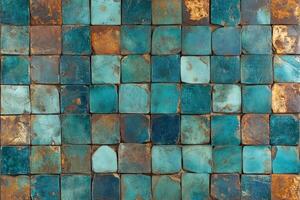 Unique turquoise and brown tile pattern showcasing artistic design elements photo
