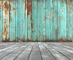 Weathered turquoise wooden wall and floor with rustic charm and texture photo