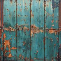 Textured weathered metal surface revealing layers of turquoise and rust photo