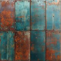 Rusty metal panels create an intriguing textured background with blue-green hues photo
