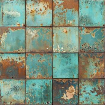 Textured metal tiles with blue and rust colors arranged in a grid photo