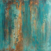 Textured abstract artwork with teal and copper hues on canvas photo