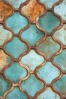 Decorative metal grille featuring turquoise and rusted patterns photo